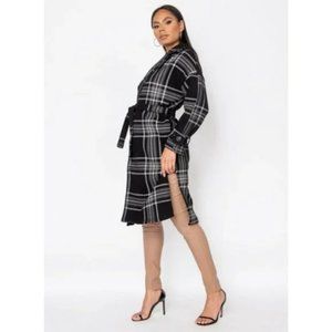 Plaid Belted Wool Blend Trench Coat